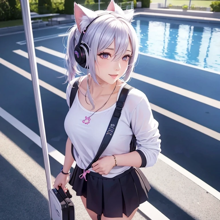 "Anime Girls, 1 person, silver white hair tied on both sides, pale pink purple eyes, Wearing cat ear headphones, woman 短い shirt, woman , tie, Fluttering black mini skirt, smile, Gaze towards the viewer,tights,Stand by the pool,whole body,alone (Full HD 4K+ image),look forward to,Charm,Hide your hands,"