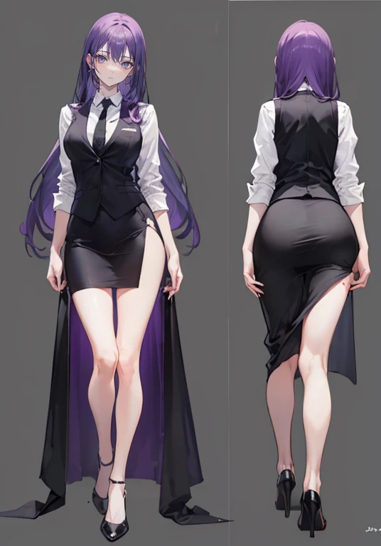 ((Perfect Face)),Purple Hair,voluminous long hair,1 female,bartender,suit,Black vest,Shirt with rolled up sleeves,tie,slit,High heels,,((Simple Background)),smile,((whole body)),((whole body)),Portraiture,virtual,upright,,Both arms are down,Standing upright with face and body facing forward,