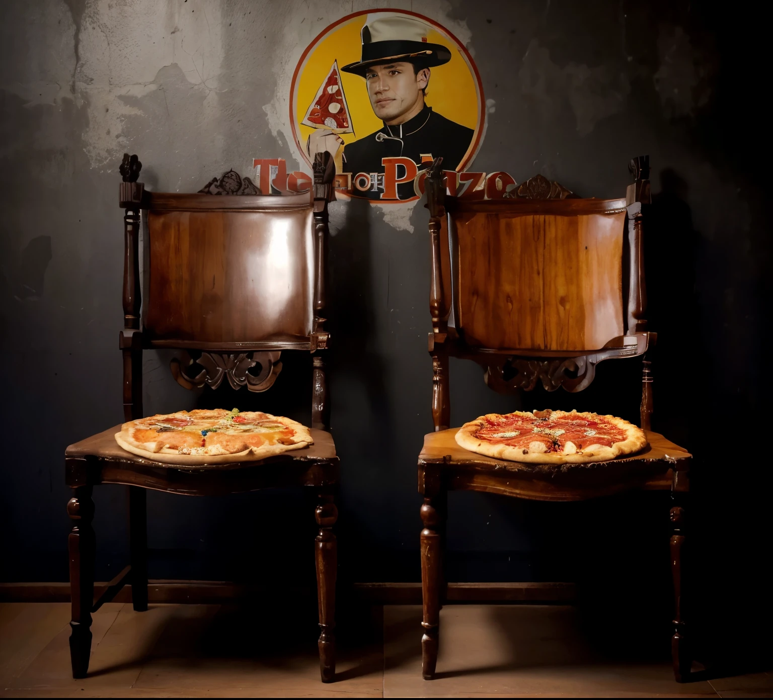 there are two chairs with pizza in front of the wall, inspired John F.. fifth, Matteo Perez, Julia Pishtar, inspired by Vito D'Ancona, Pizza pie, John F.. fifth, inspired Matteo Perez, Antonio Saura, commercial product photography, Pizza advertising, advertising photo