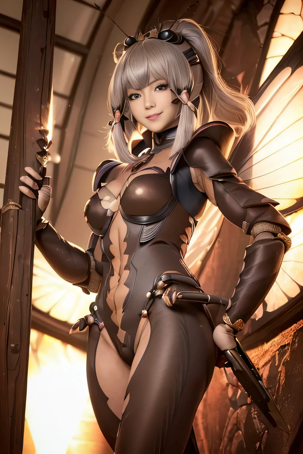 (high resolution,masterpiece,best quality,extremely detailed CG, anime, official art:1.4), realistic, photo, amazing fine details, all intricate, gloss and shiny,awesome many layers, 8k wall paper, 3d, sketch, kawaii, illustration,( solo:1.4), perfect female proportion,villainess, (fusion of dark brown cockroach and lady:1.4), (brown cockroach form lady:1.2), (brown cockroach lady:1.2), (fusion:1.2), (solo:1.4), (evil smile:1.2), muscular, abs, (cockroach brown exoskeleton bio insect suit:1.4), (cockroach brown exoskeleton bio insect armor:1.2), (brown transparency cockroach wing:1.4), (brown cockroach antennae:1.3),