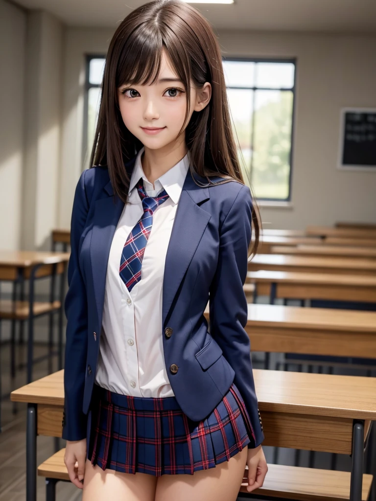 (8k, RAW Photos, highest quality), Stand in the classroom of school, (((((((One woman))))))), ((brown hair)), ((Semi-long hair)), ((Detailed eyes)), ((smile)), ((Red tie)), (((Dark blue closed blazer))), (((A blue plaid pleated miniskirt that wraps around the hips))), Asymmetrical bangs, 少しのsmile, Thighs, knees, Random pose，pretty girl，Slender girl