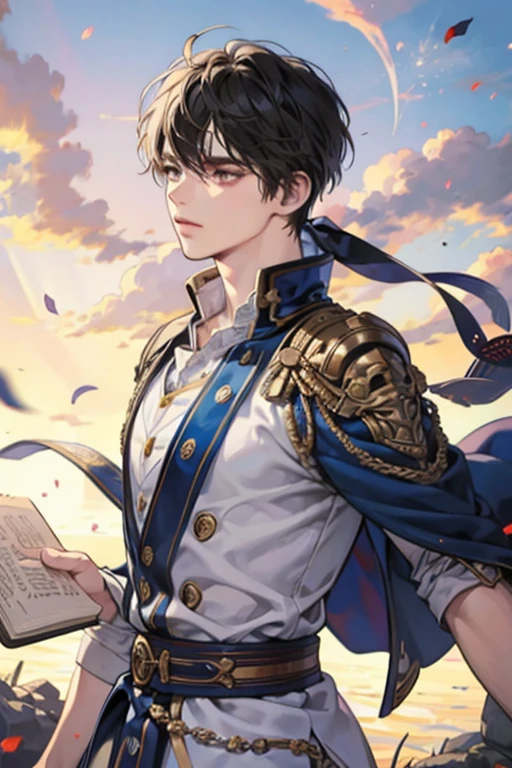 1 homem, calm, adulto, cara de 35 anos, messy short with bangs, cabelo branco, olhos cor de ametista, Realeza, Principe, usa roupas pretas, em um castelo, adulto face, tempos medievais, fechar-se, sentado em uma mesa com um livro, Two hands, calm