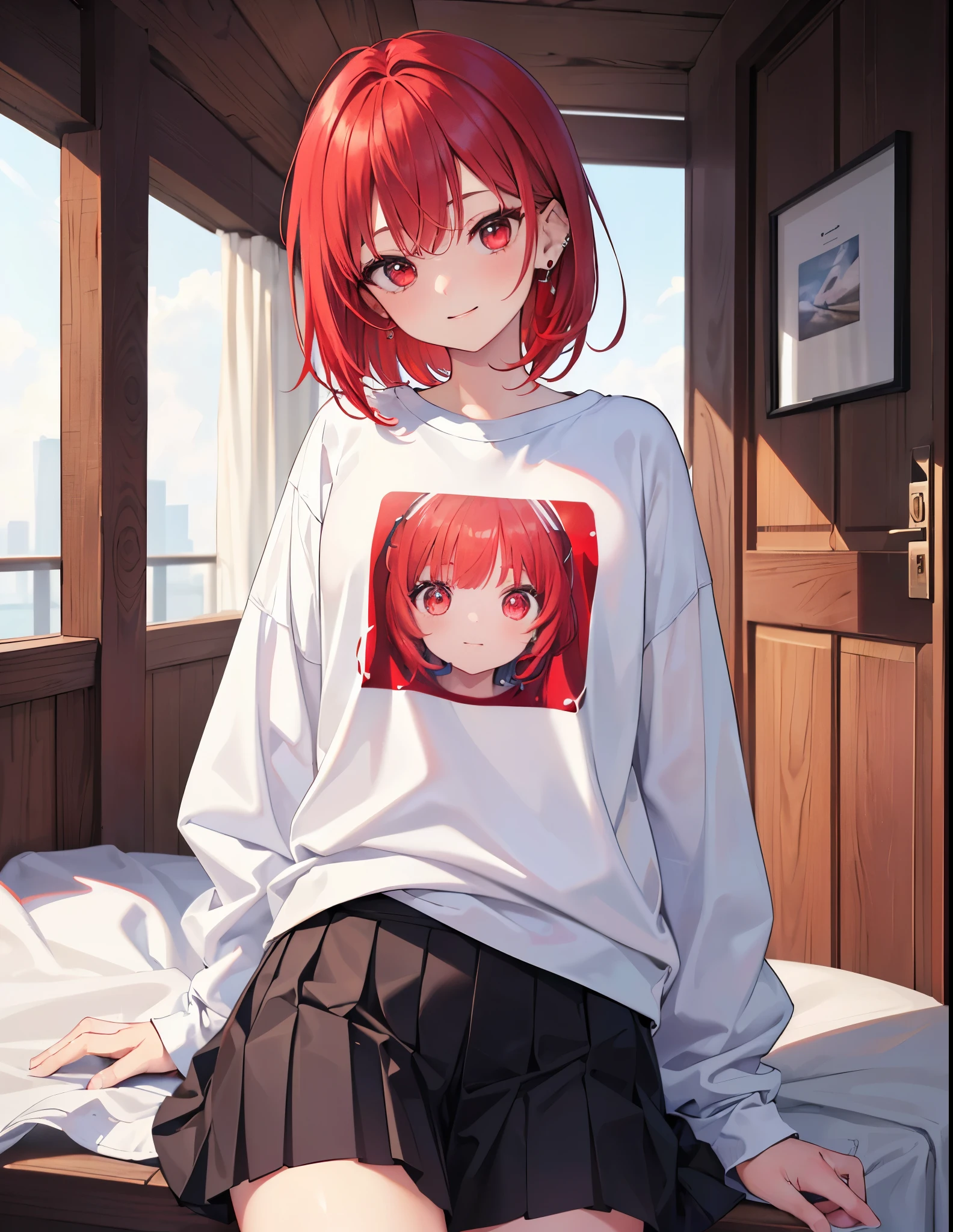 Realistic,highest quality, Ultra Detail, High-quality CG rendering, The most delicate and beautiful, Floating softly, High resolution, (1 girl), (Highest quality,4K,8K,masterpiece:1.2),(All red hair:1.5), (Medium Hair:1.5),(Red eyes:1.5),(White long sleeve T-shirt:1.3),Inside the room,Sit on the bed,smile,Open your mouth,(pierced left ear:1.2)