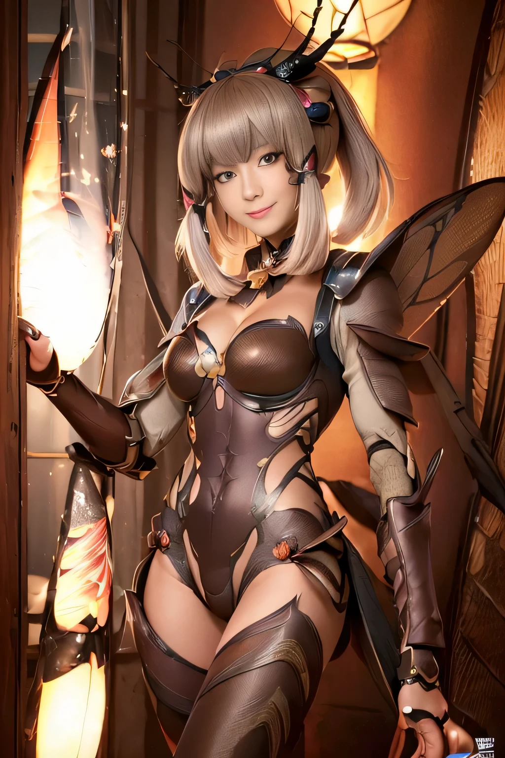 (high resolution,masterpiece,best quality,extremely detailed CG, anime, official art:1.4), realistic, photo, amazing fine details, all intricate, gloss and shiny,awesome many layers, 8k wall paper, 3d, sketch, kawaii, illustration,( solo:1.4), perfect female proportion,villainess, (fusion of dark brown cockroach and lady:1.4), (brown cockroach form lady:1.2), (brown cockroach lady:1.2), (fusion:1.2), (solo:1.4), (evil smile:1.2), muscular, abs, (cockroach brown exoskeleton bio insect suit:1.4), (cockroach brown exoskeleton bio insect armor:1.2), (brown transparency cockroach wing:1.4), (brown cockroach antennae:1.3),