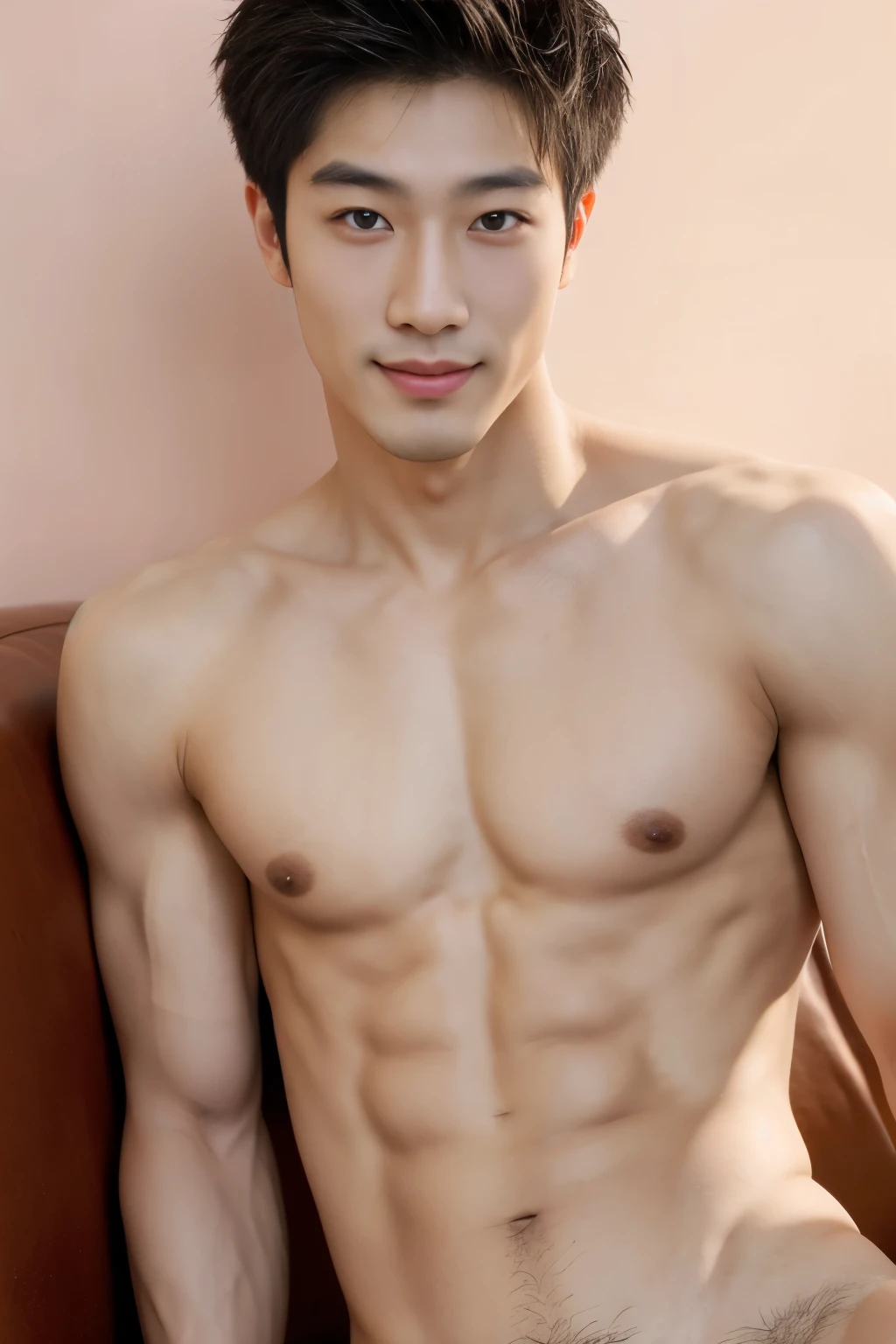 Handsome asian man, handsome man, handsome guy, asian man, Full Body Shoot, photoshoot, male naked, nude, nudity, portrait, look at camera, detailed facial parts, Manly, Charmer, Active Boy, laying, laying on sofa, arms spread, arms opened, legs opened, harness, happy expression, smile, perfect anatomy, symmetric body, asian boy 25-year-old, shirtless :: high detail, asian, a little six packs attractive body, realistic, human skin, handsome chad chin, shirtless, handsome, lean muscle, attractive, slim, masculine, sexually attractive, human skin, (eyes contact), Handsome, Attractive, bright tone, pastel background