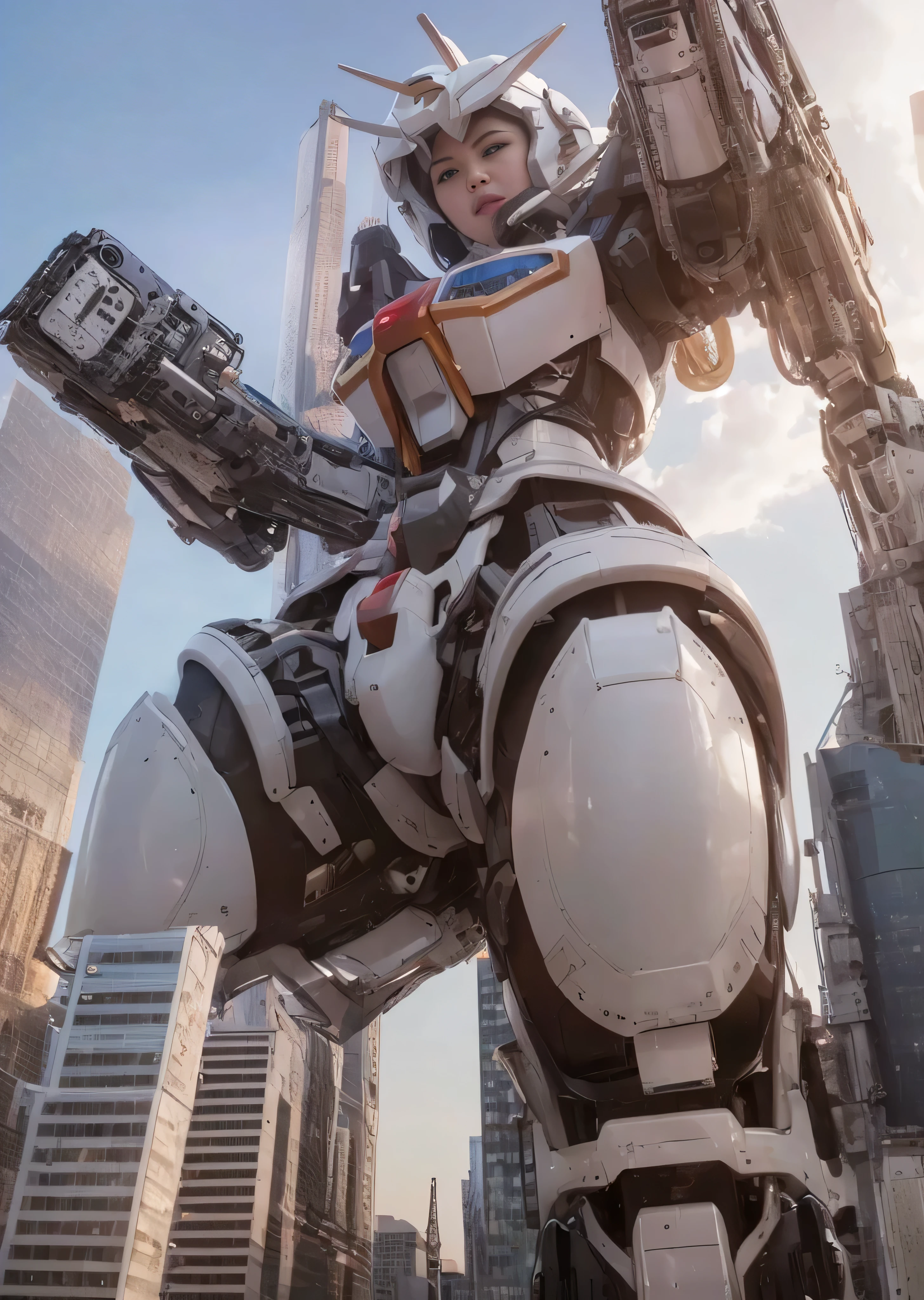 (((RAW Image Quality:1.4))), ((A giant mechanical woman, much bigger than a skyscraper:1.4)), 14 years old, Rough skin, Very detailed, Advanced Details, high quality, 最high quality, High resolution, 1080p, hard disk, beautiful,(Gundam:1.4),beautiful almost,She is wearing futuristic shiny white mechanical parts,Mechanical joint, Mechanical Arm, Mechanical legs below the knees, Mechanical parts that protect the top of the breasts, Cleavage, Mechanically protected groin, Excluding bust top and inseam, Bare skin is exposed., Nearly naked, Perfect Proportions, (Brown hair fluttering in the wind), beautiful blue eyes, full body shot, very small metropolis。Crouched down in a miniature city just a few feet high, Stomping City,Crush City,Small Town,Micro City, Small cars and trains, Deep blue sky, Metal pants digging into the crotch, Angle looking up from below, Biologically correct,