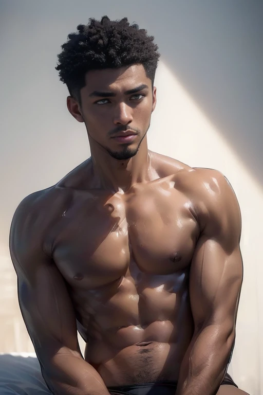 (best quality, 8k, photorealistic:2.0), (solo),(one male:2.0),(black men:1.5),(shirtless black man),(short hair men),(black men hairstyle),(muscular),(looks very young),(clean body),(white briefs),(Ecstasy with amazing orgasms),(being restrained),(no freedom),(upliftment),(sexual arousal),(male virgin)