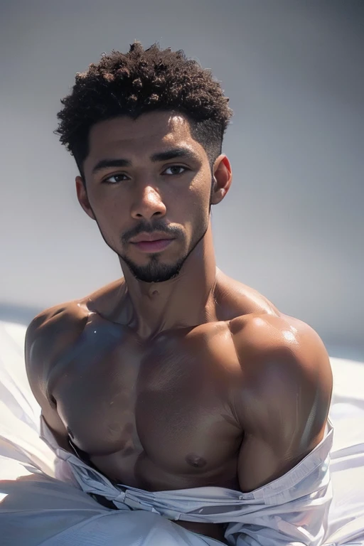(best quality, 8k, photorealistic:2.0), (solo),(one male:2.0),(black men:1.5),(shirtless black man),(short hair men),(black men hairstyle),(muscular),(looks very young),(clean body),(white briefs),(Ecstasy with amazing orgasms),(being restrained),(no freedom),(upliftment),(sexual arousal),(male virgin)