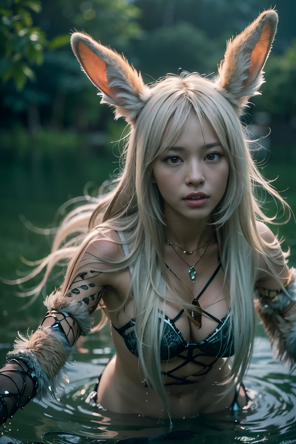 (masterpiece, best quality:1.2), (8k uhd, 16k, 32k, ultra high res), (photorealistic:1.37), (RAW photo), ultimate-realistic, ultimate-realistic details, ultimate-realistic texture, ultimate-intricate details, ultimate-realistic lighting, ultimate-realistic shadow, japanese girl, ultimate-cute face, ultimate-RAW skin, ultimate-realistic eyes, (rabbit beast woman), strong animal feeling, full body shot, Standing frightened in a mystical lake side