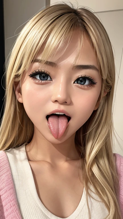 Japanese women, beautiful girl, Gal,Blonde、 Baby Face, Realistic skin of the highest quality, Eyes are focused, 20-year-old, Sticking out tongue, Focus on the mouth, Open your mouth, Long Tongue, saliva, Open your mouth wide, I can see inside the mouth, Open your mouth and 舌を突き出す, realistic tongue