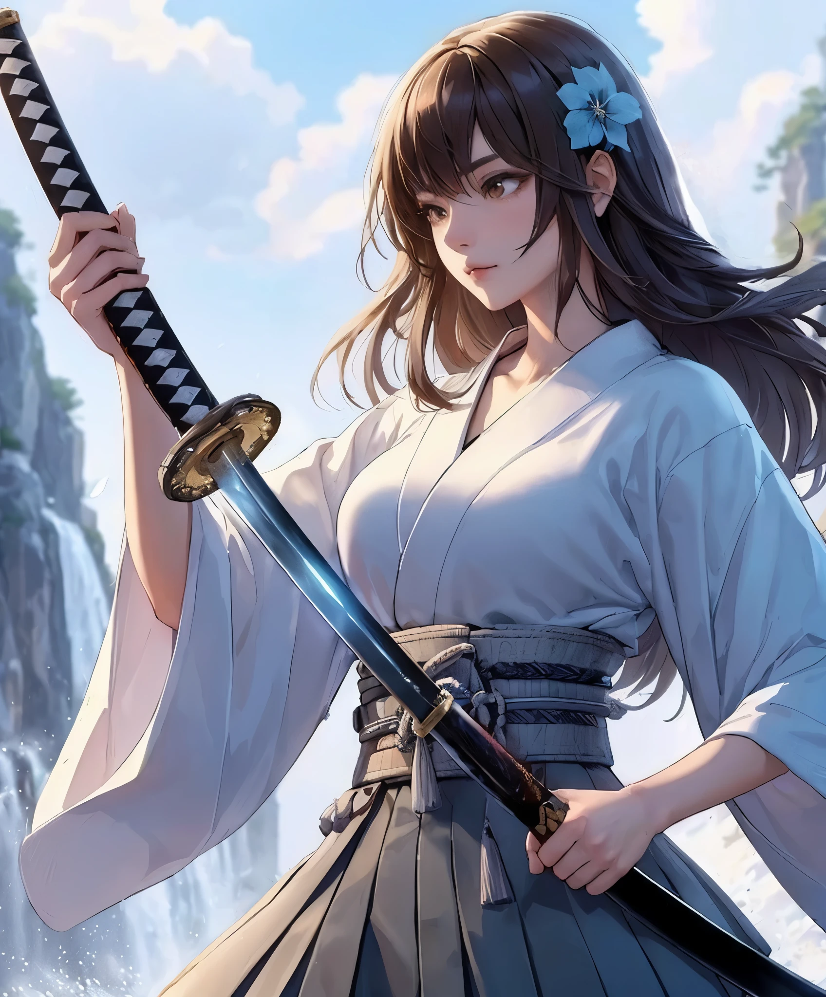 1lady standing, (pulling Japanese sword from sheath on waist), (white kimono) (gray hakama), mature female, /(dark brown hair/) bangs, cool expression, (light smile:0.5), dignified, (masterpiece best quality:1.2) delicate illustration ultra-detailed, medium breasts BREAK (holding (katana sword:1.2)), (blade shimmering), (holding sword sheath) BREAK (sacred rocky area) outdoors, waterfall, Japan, noon, detailed background
