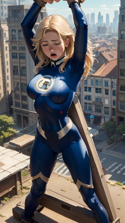 (Highly quality, masterpiece, detailed), city detailed scenario, city detailed background, (x shaped pasting stand), (hands up, spread hands, in stocks pose:1.4), 1girl, Susan Storm, blue eyes, blonde hair, full body blue bodysuit, sleeves, perfect face, big breasts, (shut closed eyes, tears:1.1), sighing