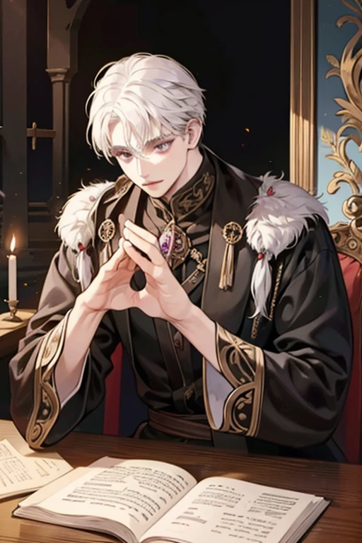 1male, calm, adult, age 35 face, short messy with bangs, white hair, amethyst colored eyes, royalty, prince, wears black clothing, in a castle, adult face, medieval times, close up, sitting at a table with a book, two hands, calm