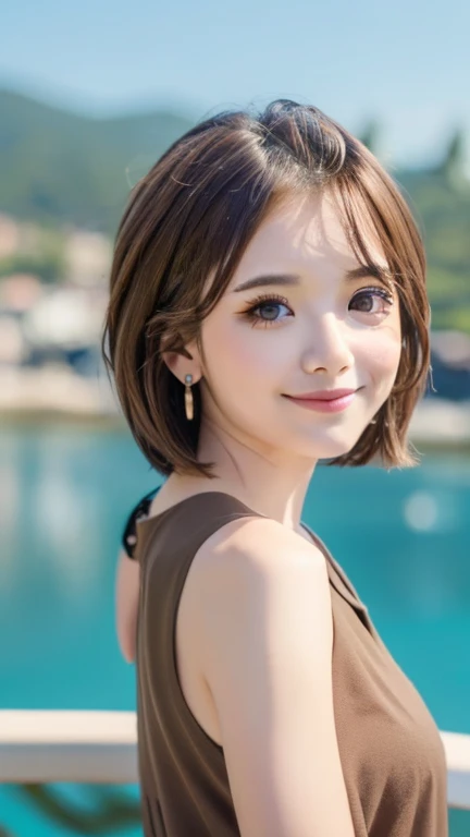 (cute face,brown eye: 1.3), (detailed face: 1.3), extra short hair, sidelocks-hair, smiling face, earrings, necklace, 1 girl, alone, blue sky, sea, short skirt, (Very detailed background: 1.0), (Very detailed background: 1.0)