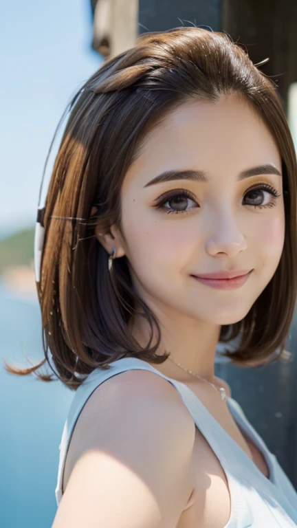 (cute face,brown eye: 1.3), (detailed face: 1.3), extra short hair, sidelocks-hair, smiling face, earrings, necklace, 1 girl, alone, blue sky, sea, short skirt, (Very detailed background: 1.0), (Very detailed background: 1.0)