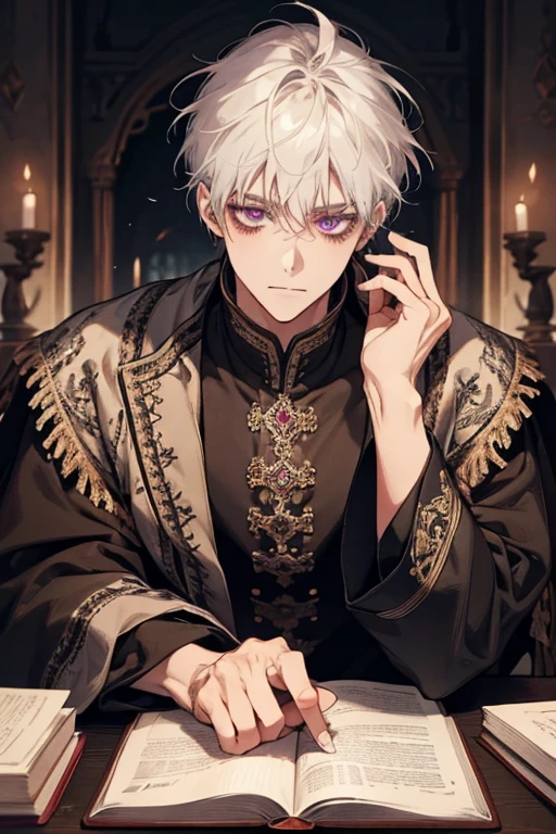 1male, calm, adult, age 35 face, short messy with bangs, white hair, amethyst colored eyes, royalty, prince, wears black clothing, in a castle, adult face, medieval times, close up, sitting at a table with a book, two hands, calm