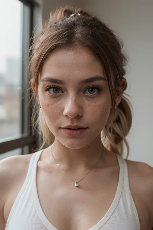 ((best quality)), ((masterpiece)), (detailed), perfect face, photo,8k,sharp focus,beautiful woman, (large purple singlet),(detailed eyes:0.8),(looking at the camera:1.4),(highest quality),(best shadow),brown eyes,rim lighting,two tone lighting,dimly lit,low key,intricate details,interior,(ponytails), platinum blonde hair:1.4,open mouth:0.7,freckles, full body, bowed forward