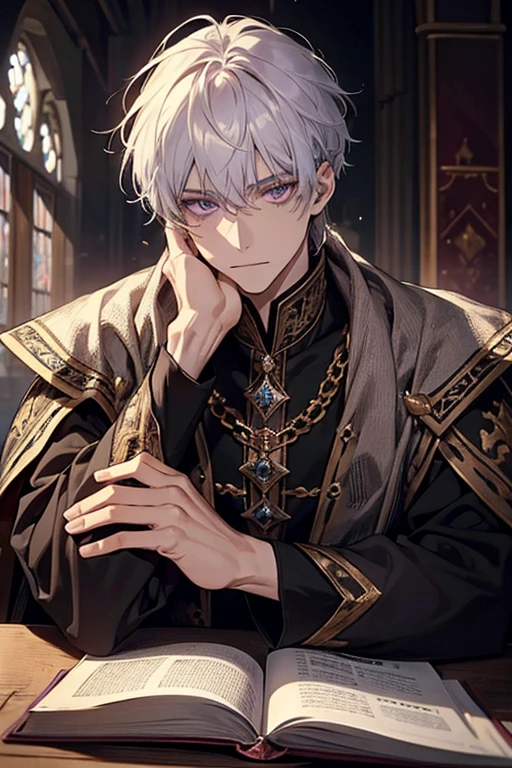 1male, calm, adult, age 35 face, short messy with bangs, white hair, amethyst colored eyes, royalty, prince, wears black clothing, in a castle, adult face, medieval times, close up, sitting at a table with a book, two hands, calm