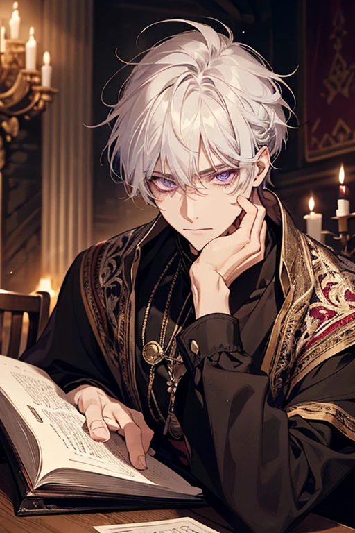 1male, calm, adult, age 35 face, short messy with bangs, white hair, amethyst colored eyes, royalty, prince, wears black clothing, in a castle, adult face, medieval times, close up, sitting at a table with a book, two hands, calm