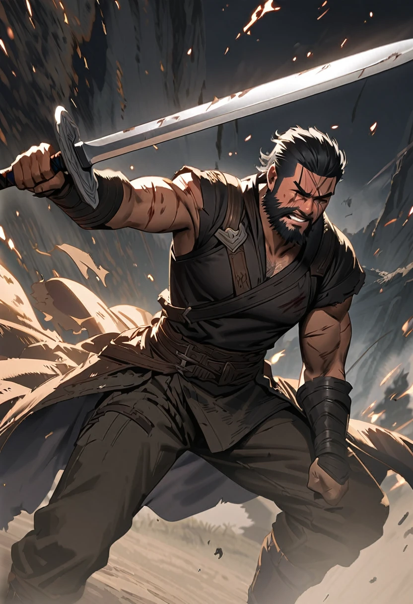Swordsman、one person、Swordsman、Skilled Swordsman、Beard、Injury、Scars on face、Swordsman、Fantasy、Holding a sword、dynamic、anime、ANIME Illustration、High quality、masterpiece、Super detailed、