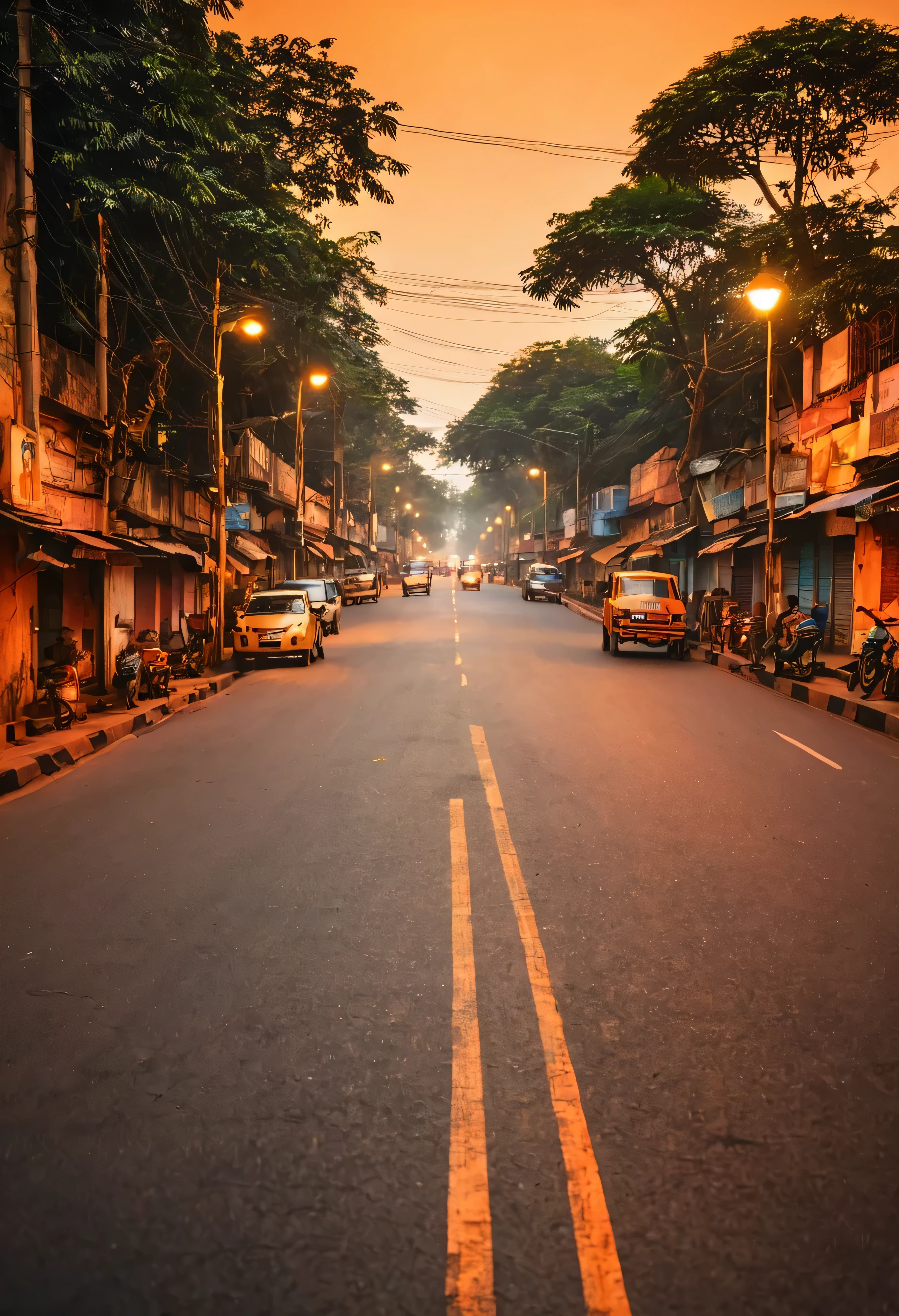 india evening road street , , orange tone, cinematic, middle road , street lights on right side and left side