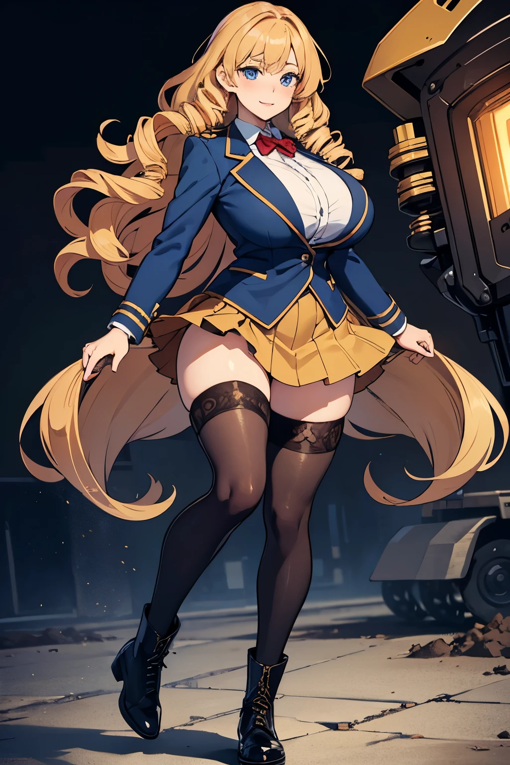 ((masterpiece,highest quality)),((Fine details)),Tall,Big Butt,Long golden hair,Drill Hair,curly hair,,blazer,Lady,skirt,tights,Blue Eyes,Laughing with your mouth open,Combat Boots,No background,front,Standing with your legs apart,Star-shaped pupils,milf,Very big ,Big Breasts、Plump thighs,Stand upright with both feet on the ground,Both arms transform into giant heavy machinery,Scraper,Excavator