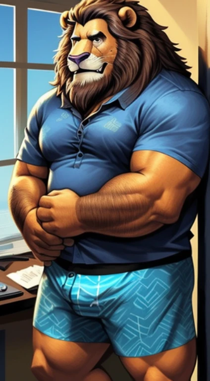 (por dramamine, por acaso), homem maduro, cicatriz no olho, old chubby lion, (pelo marrom:1.2),meia idade,((cabelo curto preto)),((barba facial)),(nada ali, melhor qualidade, alta qualidade, detalhado, sombreado, sombreamento, obra de arte:1.2), detalhado eyes, detalhado clothing, sorriso pretensioso, Sorriso Sedutor, Peito peludo, copos,Inside the office,(blue pattern boxers:1.4), (camisa branca aberta:1.5), (gravata removida),(meias pretas:1.2)