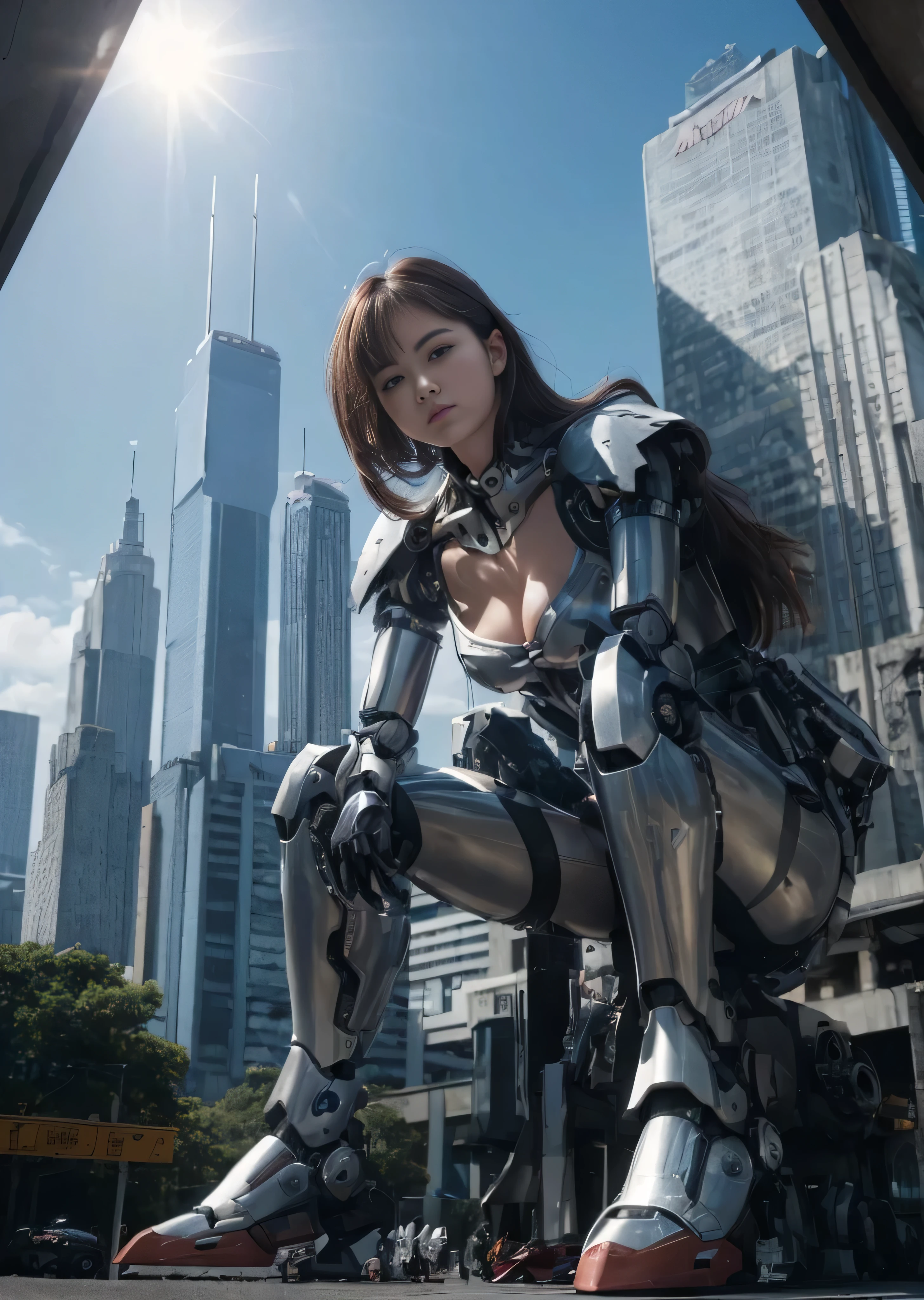 (((RAW Image Quality:1.4))), ((A giant mechanical woman, much bigger than a skyscraper:1.4)), , Rough skin, Very detailed, Advanced Details, high quality, 最high quality, High resolution, 1080p, hard disk, beautiful,(Gundam:1.4),beautiful almost,She is wearing futuristic shiny white mechanical parts,Mechanical joint, Mechanical Arm, Mechanical legs below the knees, Mechanical parts that protect the top of the breasts, Cleavage, Mechanically protected groin, Excluding bust top and inseam, Bare skin is exposed., Nearly naked, Perfect Proportions, (Brown hair fluttering in the wind), beautiful blue eyes, full body shot, very small metropolis。Crouched down in a miniature city just a few feet high, Stomping City,Crush City,Small Town,Micro City, Small cars and trains, Deep blue sky, Metal pants digging into the crotch, Angle looking up from below, Biologically correct,