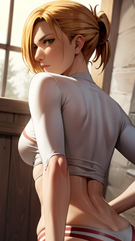 (masterpiece, highest quality, best quality, official art, beautiful and aesthetic: 1.2), (1girl), extremely detailed, (fractal art: 1.3), highest detailed, lower boddy focus, lower body, HDR, ), vivid visual effects, (dynamic stripes, luminous traces: 1.2), back viee, nude, hip focus, sexy, wide hips, thicc figure, completely naked, abs, muscular, ass, ass focus. Looking at viewer, looking back, Detailed face, Detailed eyes, perfect face, perfect eyes, annie leonhart, wearing overall jumpsuit, overall jumpsuit, exposed thighs , a grabbed her back
