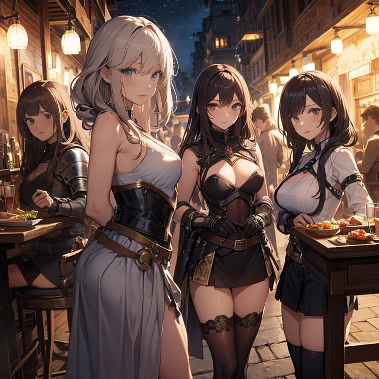 A group of  female medieval fantasy adventurers, (in tavern), various hair styles, harem, night, details face, short skirt, seducing, sleeveless, armor