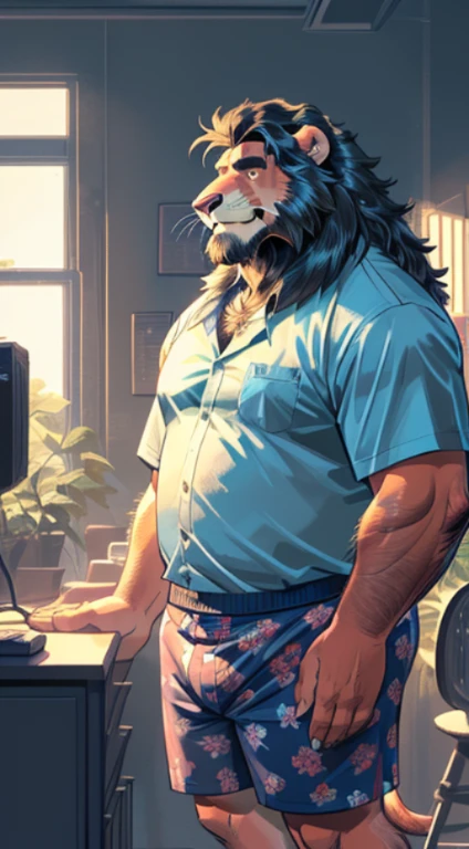 (por dramamine, por acaso), homem maduro, cicatriz no olho, old chubby lion, (pelo marrom:1.2),meia idade,((cabelo curto preto)),((barba facial)),(nada ali, melhor qualidade, alta qualidade, detalhado, sombreado, sombreamento, obra de arte:1.2), detalhado eyes, detalhado clothing, sorriso pretensioso, Sorriso Sedutor, Peito peludo, copos,Inside the office,(blue pattern boxers:1.4), (camisa branca aberta:1.5), (gravata removida),(meias pretas:1.2) sentado na cadeira de Perna Aberta 