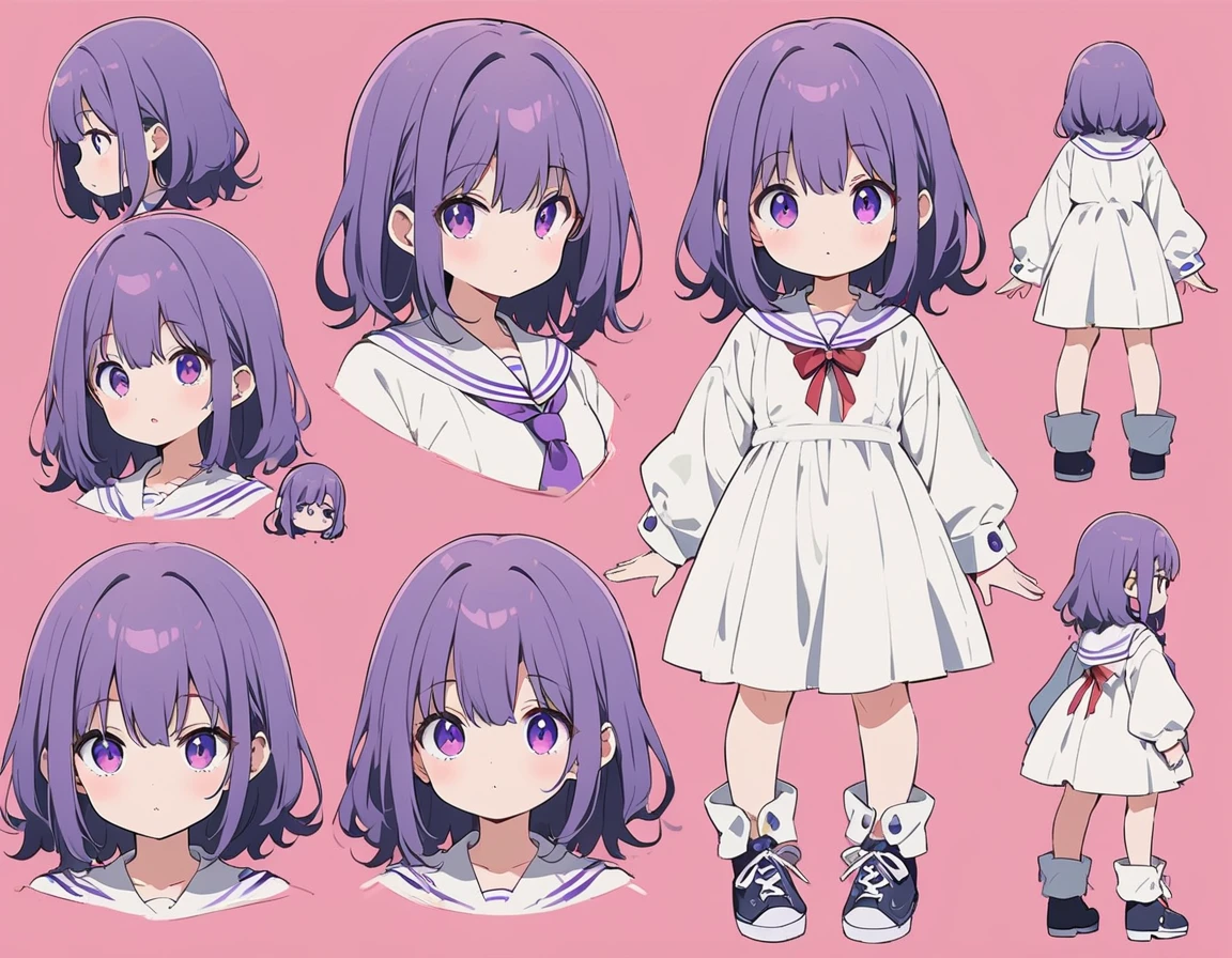 1 girl、purple eyes, purple, eye color purple、(highest quality、masterpiece、(Little)、(Deformation)、High resolution、detailed)Anime Style、flat style、(Shining Eyes、detailed美しい顔), BREAK,standing girl, three view drawing, front and back and side, character sheet,full body,simple background,