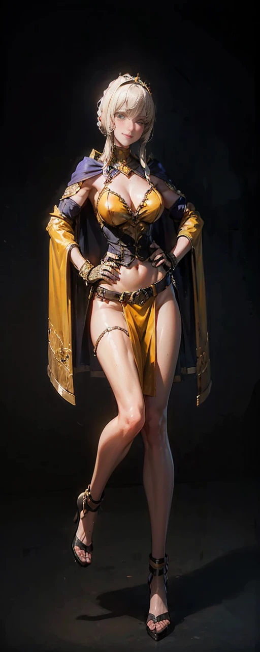 full body, whole body, solo, female, short white silver bob hair, big breast, yellow bikini, hands on hips, hands on waist, navel, lustful smirking smiling, smile red face, metal shoulders, gold sleeveless armbands, black leather choker collar, shackle bracelet, pauldrons, breastplate, leather corset, eye focus, loincloth standing, metal sandals, twin big belt, view from below, feet together, bracers, tiara
