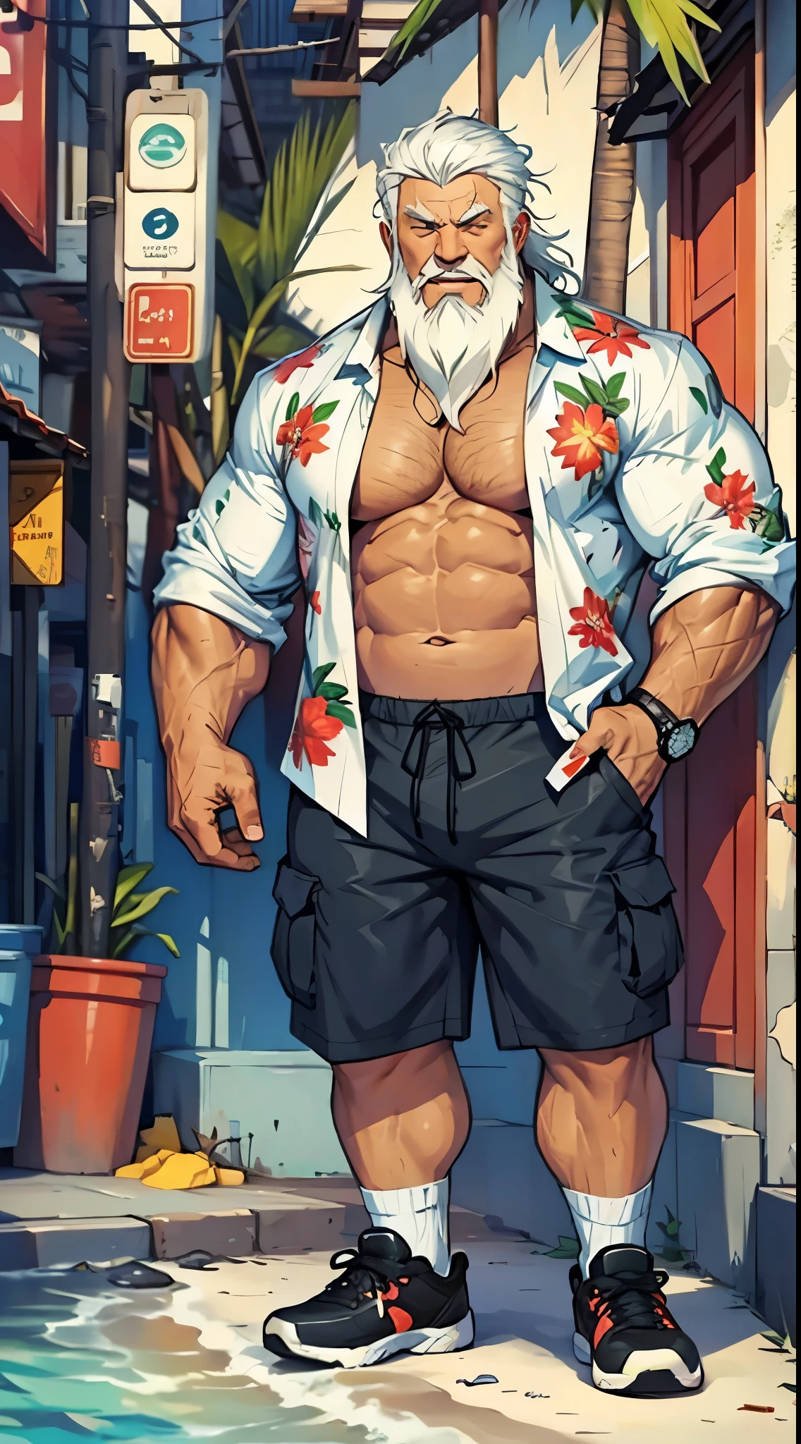 chubby old man in street city, old man, thick arm, huge arm, bearded. white hair and beard, bearded, muscular, pectoral, wide pectoral, beach, palm, realistic, 8k, masterpiece, (wearing shorts and white Hawaiian shirt, shoes)