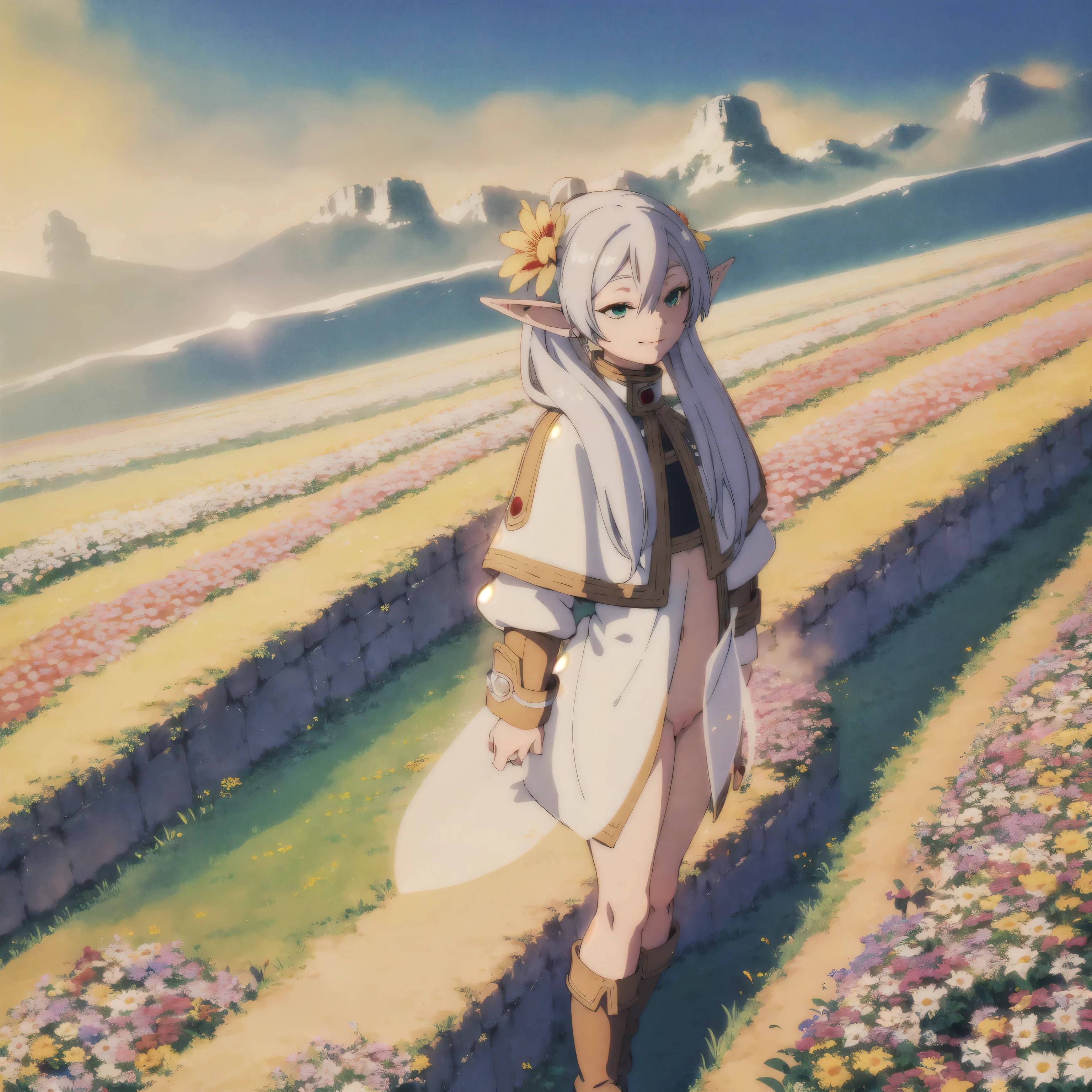 masterpiece,high quality,alone,whole body,
smile,Lips parted,
Freezing,1 Elf Girl,
Capelet,Jacket,Naked and vagina,
boots,
flower,Wind,sunlight,Blur,
flower field,Flower petal,cloud,Mountain,