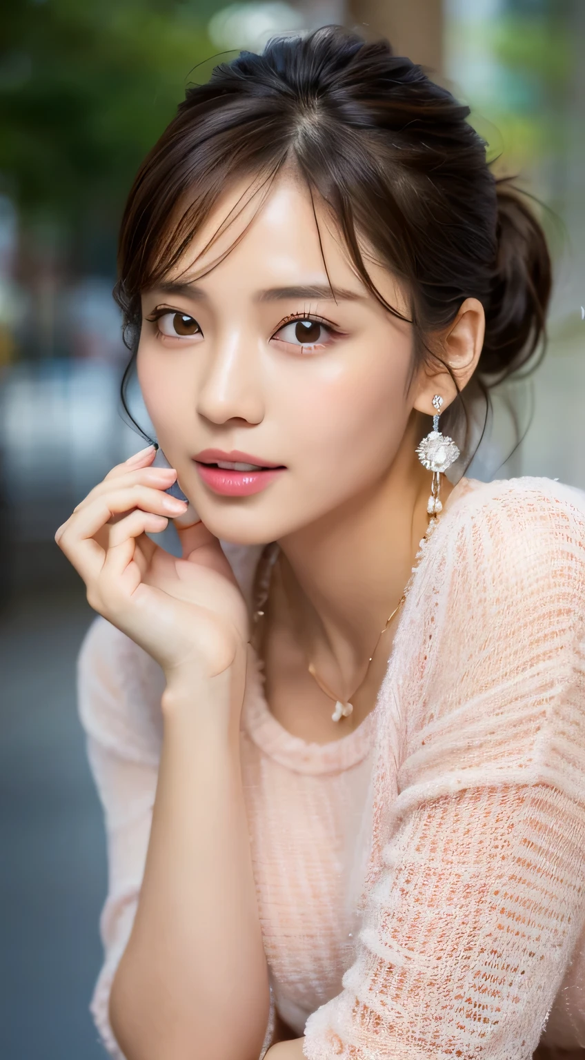 Skinny Japanese woman, 30th Generation, One girl,
(Wearing a sleeveless glittery evening dress:1.2),
((A short, see-through skirt, Sitting with legs apart:1.5)),
(RAW Photos, highest quality), (Realistic, photo-Realistic:1.4), masterpiece, Very delicate and beautiful, Very detailed, 2k wallpaper, wonderful, In detail, Very detailedな, High resolution, Soft Light, Beautiful detailed girl, Very detailed eyes and face, Beautifully detailed nose, Beautiful fine details,Cinema Lighting,((City lights at night)),Perfect Anatomy,smile,
Narrow shoulders, Beautiful clavicle, Thin arms, Long, slender legs, Small Ass, No bra,
Slender figure, The beauty of slim abs :1.2, Thin waist :1.2, Thin thighs :1.2,
Ultra-detailed eyes, Slit eyes, Brown eyes, double eyelid, Ultra-thin eyebrows, Thin, long eyelashes, Watery eye,
Ultra-detailed lips, Plump and moisturized lips, glossy pink lips, Flushed Cheeks, ((White beautiful teeth)),
Beautiful actress's ennui makeup, Moisturizing lipstick with vibrant color,
Dark Brown Hair, Delicate soft hair, Hair blowing in the wind,
(Put your hair up, Medium Short Hair, ponytail:1.2),
Layered Cut, (Blunt bangs:1.2),
cute smile, Open your mouth a little, A dreamy look, ((Staring at the viewer)),
(((Photorealism))),((The body faces the viewer)),
Dynamic Lighting,
Beautiful fashion accessories(((High Detail,High detail,masterpiece,Simple and elegant ornaments,necklace,bracelet, ring, Earrings,))),
Beautiful Women's Mode Fashion,Very stylish and beautiful fashion,
((Raise your face slightly)),
((Squinting)),
((pursing lips:1.2)),
((Blushing)),
((The cleavage between her breasts is fluffy)),
((Flat Chest)),