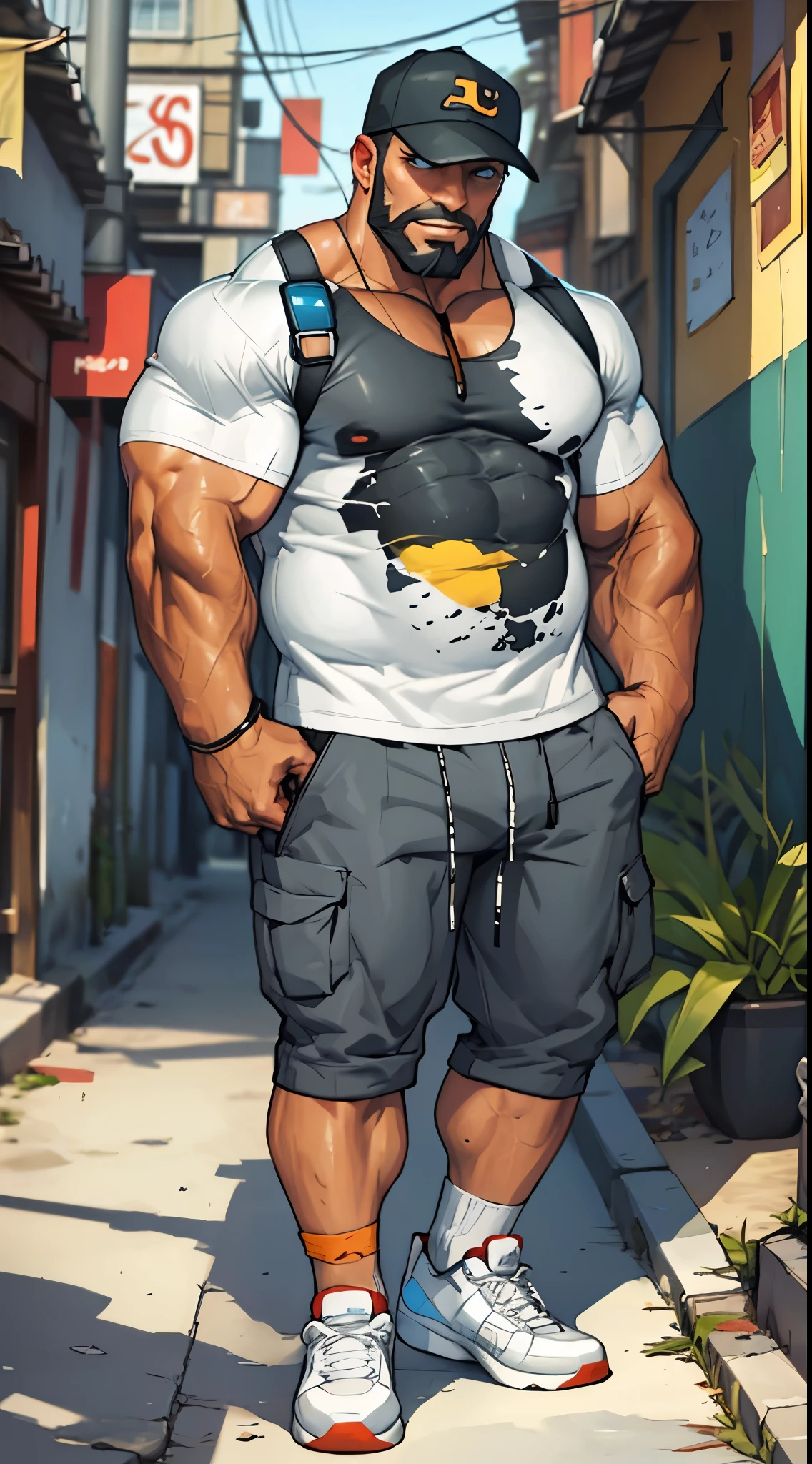 chubby old man in street city, old man, thick arm, huge arm, bearded. white hair and beard, bearded, muscular, pectoral, wide pectoral, beach, palm, realistic, 8k, masterpiece, (wearing shorts and white Hawaiian shirt, shoes)