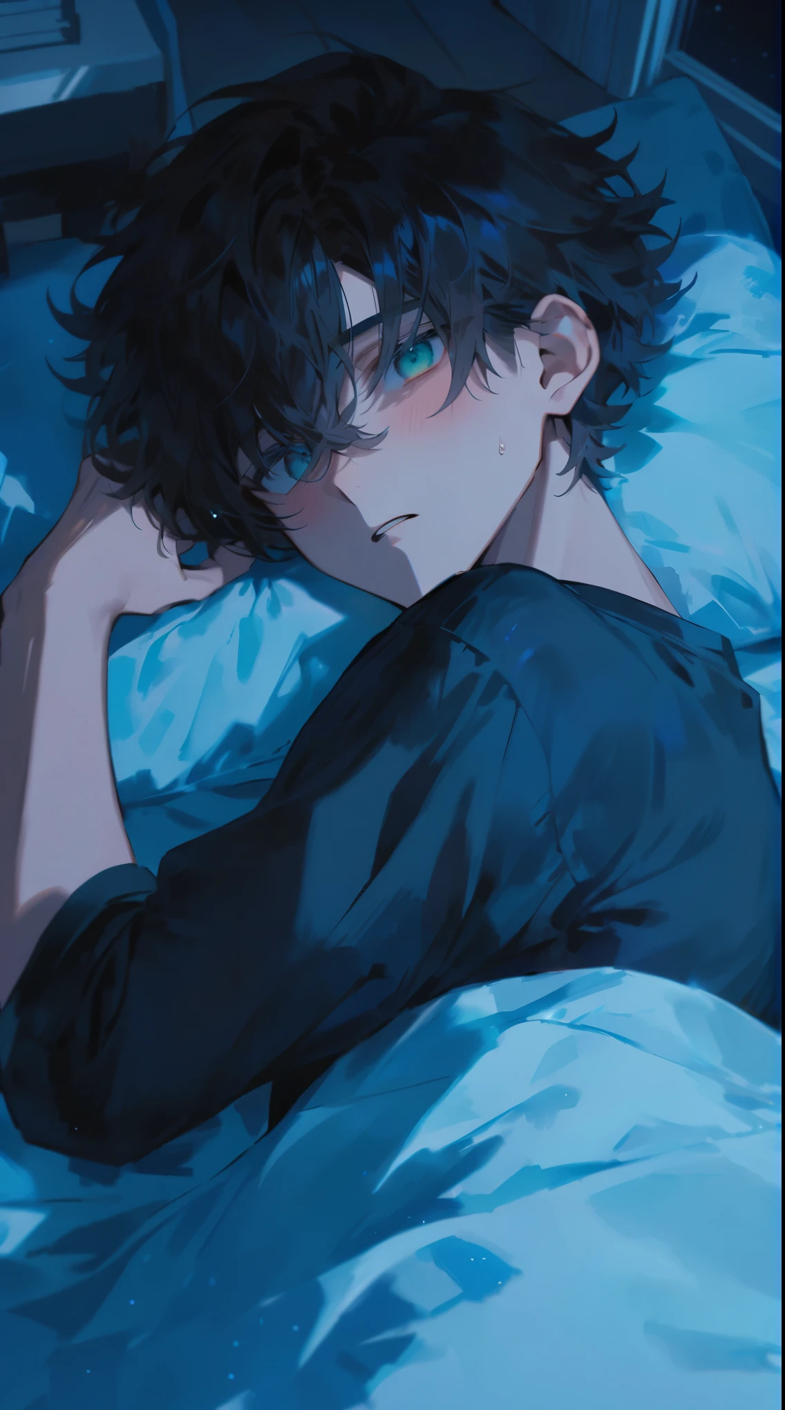 It depicts a young man lying in bed. He has dark hair and green eyes, and his expression shows a slight blush, as if he is confused. The room is set at night, lit by a soft nightlight. His eyes are staring at something, and the work shows a delicate emotion.