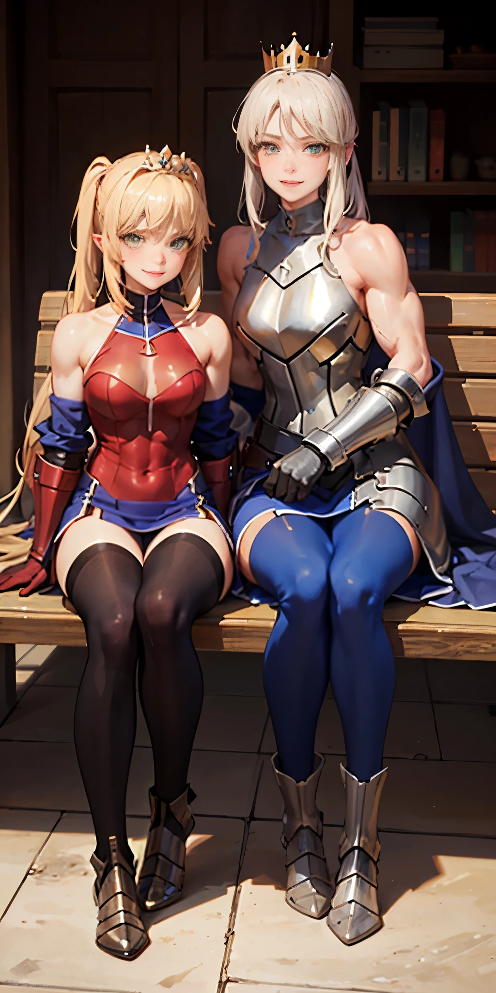 Lancer Artoria, elegant adult female, blonde, green eyes, (yellow eyelashes), crown, turtleneck, full body sitting on a bench showing ass to me, BLUE breastplate, BLUE skin (1girl)(BLUE skin:1.2), looking at viewer, shiny, armor, thigh highs, high boots, pauldrons shoulder armor, faulds, poleyn, gloves, gauntlets, rerebrace armored boots, (masterpiece, best quality, ultra-detailed, best shadow) yordle pointy ears muscular lean platinum blonde long twin-tails hairstyle at the office lustful smirking smile face red blushed, blush, strong abs, female body builder, tiara, twin drills hair