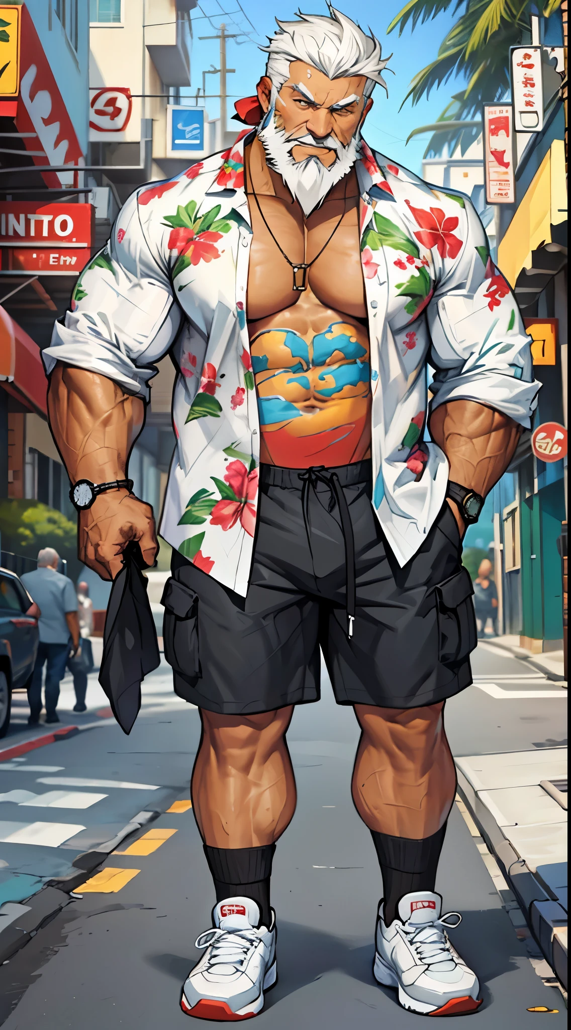 chubby old man in street city, old man, thick arm, huge arm, bearded. white hair and beard, bearded, muscular, pectoral, wide pectoral, beach, palm, realistic, 8k, masterpiece, (wearing shorts and white Hawaiian shirt, shoes)