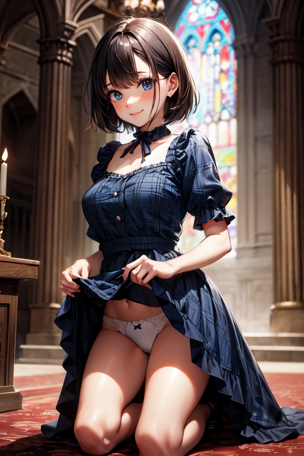 very cute and beautiful girl,(highly detailed beautiful face and eyes), (smile),blush,black hair,cowboy shot,looking at viewer,kneeling, (elegant blue plaid ta dress with detailed frills),detailed lace,(skirt lift,white panties), altar,church,indoors, (best quality,masterpiece:1.0),absurdres,highres,ultra-detailed,extremely detailed,32k,8k resolution, intricate details,cinematic scene,detailed background,solo,dynamic angle,
