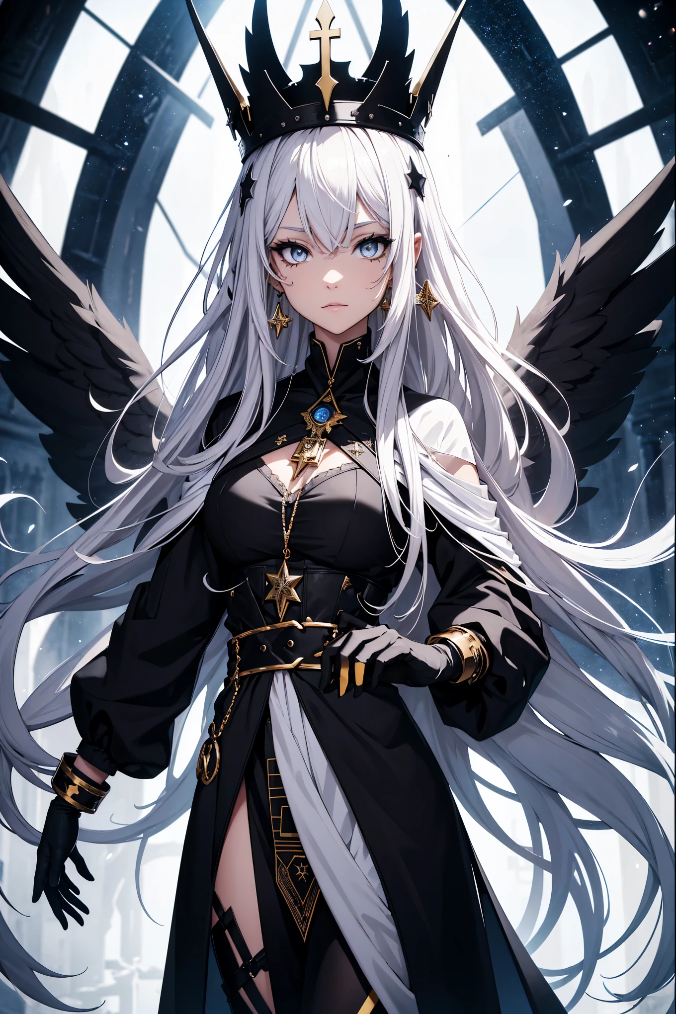 {white hair}, {very long hair}, gloves, black yellow coat, bandaged wrist, torn clothes, {{black}} eyeshadow, black and white eyes, earrings, {{floating crown}}, {star halo}, detached wings, {{masterpiece}}, {1girl}, black smear on right side of face, space background, {goddess}, {standing on a white platform}, {star symbol on clothes}, star earrings, {{medium}} breasts, bandaged torso, long majestic black yellow coat, chain earrings, makeup, large black and yellow coat, inside a cathedral at night, {detailed large crown}, character focus, floating stars, presenting a menger cube, magic cubes on background, dark magic, serious, {divine}, {{teenage}}, mini universe above hand, black cubes on the background, supernova on the background, decorated hair, covered body, {{{black background}}}, light above head, spirals on background, fractal patterns, {{dirty face}}, bandaged arms, fractal background