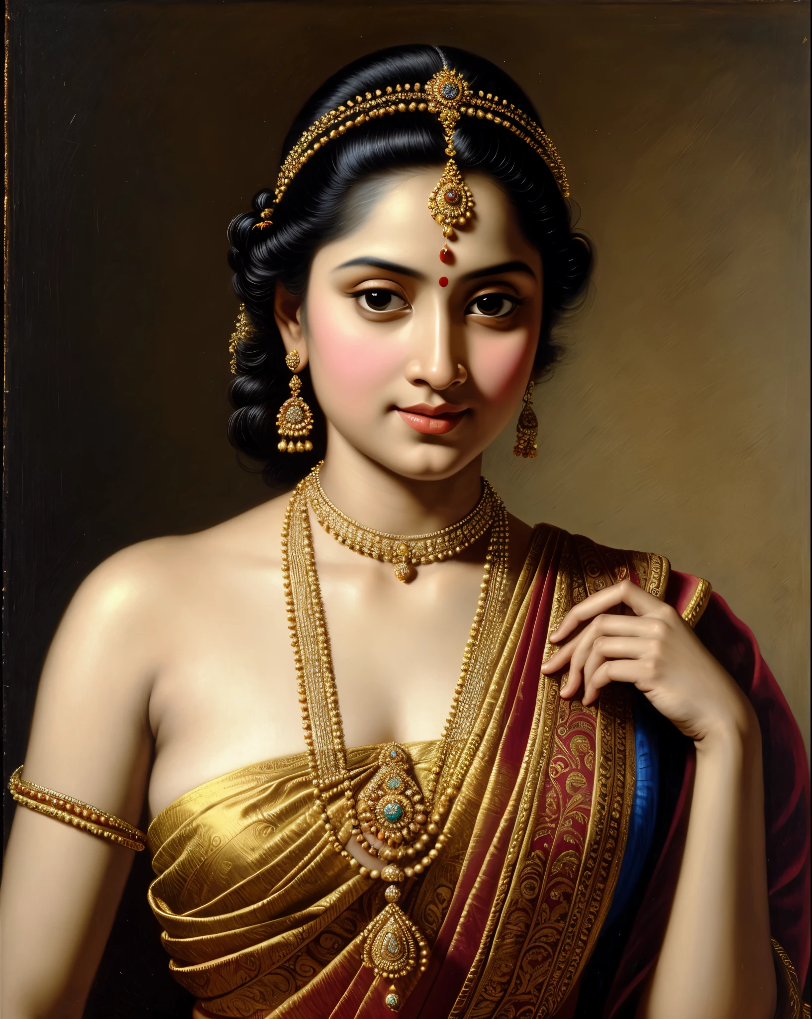 Beautiful Indian Woman, wearing saree, sari Beauty, gorgeous, Apsara, Maharani, royal queen woman, nymph from Hindu Mythology, Urvashi, matchless beauty, Highly detailed, Oil Painting by Peter Paul Rubens inspired by Raja Ravi Varma, Matchless beauty, captivating, gorgeous, heavenly beauty, celestial beauty, by Peter Paul Rubens, 13, realistic, hyper realistic, micro details, incredible artwork, insane details, ultra High resolution, 8k, 32k, acrylic on canvas, intricate, flawless, detailed, detailed face, detailed eyes, masterpiece, by Peter Paul Rubens, by Caravaggio, by William Adolphe bouguereau, perfect face, perfect body, beautiful art, realism, baroque, renaissance Art, highly textured, beautiful and detailed eyes, uhd, best quality,