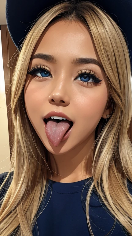 Japanese women, beautiful girl, Gal,Blonde、 , Realistic skin of the highest quality, Eyes are focused, 20-year-old, Sticking out tongue, Focus on the mouth, Open your mouth, Long Tongue, saliva, Open your mouth wide, I can see inside the mouth, Open your mouth and 舌を突き出す, realistic tongue
