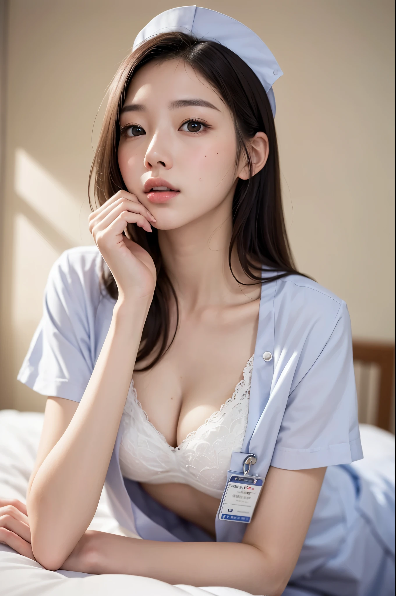 japanese woman, nurse, 19-years-old, (bukkake, cum on face), perfect anatomy, very cute, beautiful, (white nurse uniform:1.3), ((embarrassed:1.3)), blush、(hospitalroom:1.1)、professional lighting、Ultra HD、(8K, High resolution:1.2), (photograph, photorealistic:1.2)、close up on face, Face is in focus、(Beautiful Eyes:1.2)、Natural Makeup、Thin lips、gross lip, (Looking up at the camera:1.3), (multiple angles:1.2), (small breast, cleavage:1.1), (put hand on one’s face:1.2) , (best quality:1.3)、masterpiece