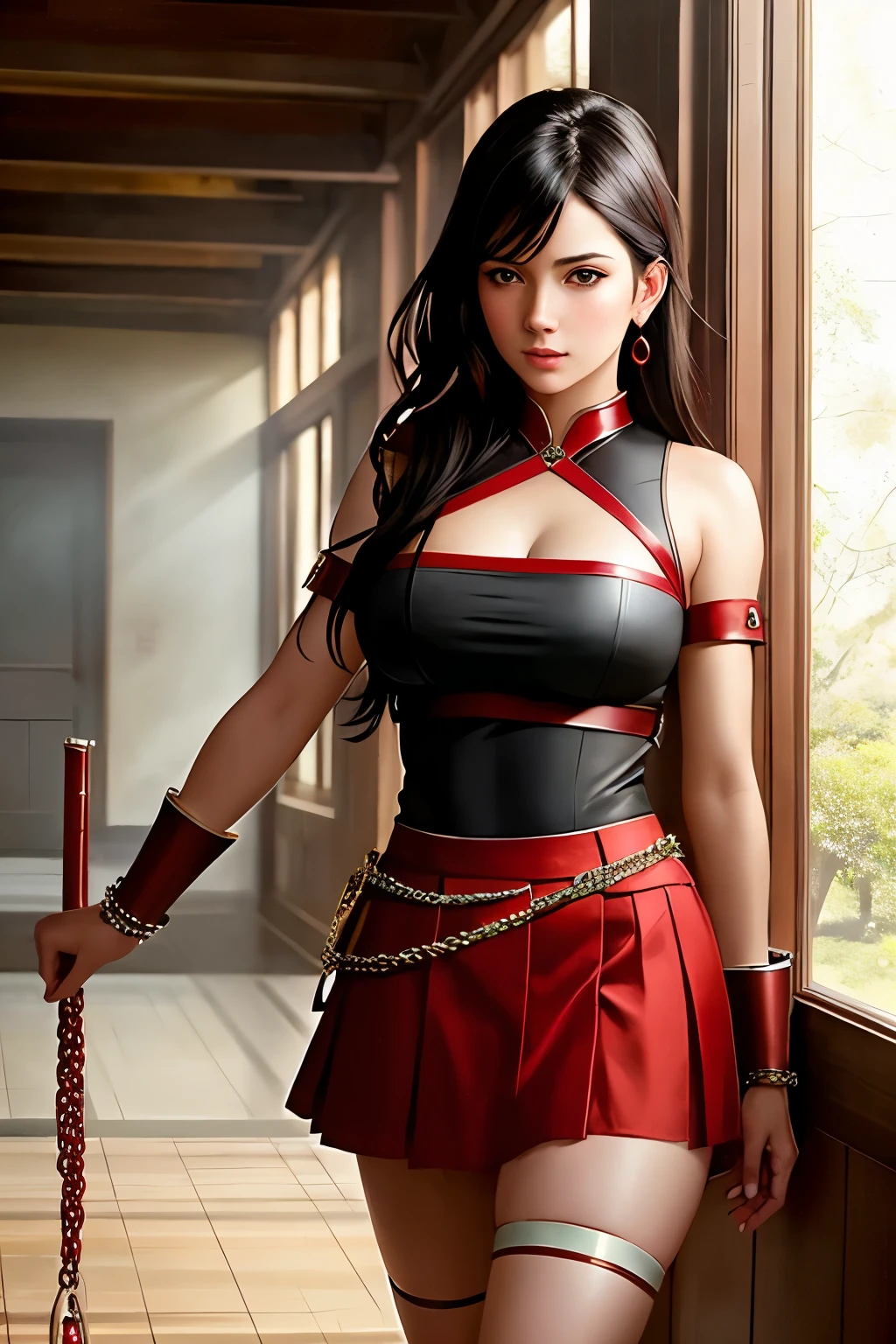 stunningly beautiful photo realistic cute warrior in skirt , using red chains, with red arms, Atey Ghailan, by Jeremy Mann, Greg Manchess, Antonio Moro, trending on ArtStation, trending on CGSociety, Intricate, High Detail, Sharp focus, dramatic, photorealistic painting art by midjourney and greg rutkowski