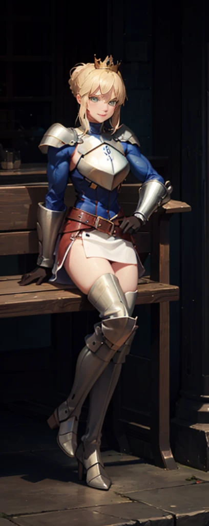 Lancer Artoria, elegant adult female, blonde, green eyes, (yellow eyelashes), crown, turtleneck, full body sitting on a bench showing ass to me, BLUE breastplate, BLUE skin (1girl)(BLUE skin:1.2), looking at viewer, shiny, armor, thigh highs, high boots, pauldrons shoulder armor, faulds, poleyn, gloves, gauntlets, rerebrace armored boots, (masterpiece, best quality, ultra-detailed, best shadow) yordle pointy ears muscular lean platinum blonde long twin-tails hairstyle at the office lustful smirking smile face red blushed, blush, strong abs, female body builder, tiara, twin drills hair