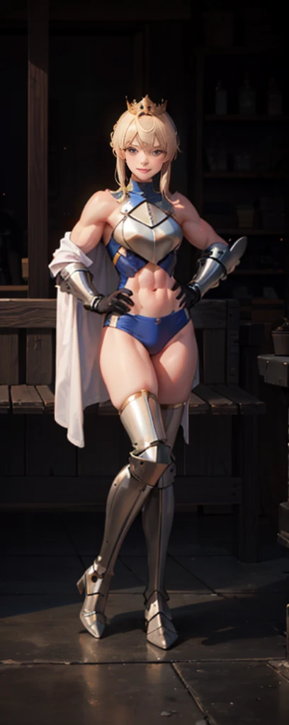 Lancer Artoria, elegant adult female, blonde, green eyes, (yellow eyelashes), crown, turtleneck, full body sitting on a bench showing ass to me, BLUE breastplate, BLUE skin (1girl)(BLUE skin:1.2), looking at viewer, shiny, armor, thigh highs, high boots, pauldrons shoulder armor, faulds, poleyn, gloves, gauntlets, rerebrace armored boots, (masterpiece, best quality, ultra-detailed, best shadow) yordle pointy ears muscular lean platinum blonde long twin-tails hairstyle at the office lustful smirking smile face red blushed, blush, strong abs, female body builder, tiara, twin drills hair