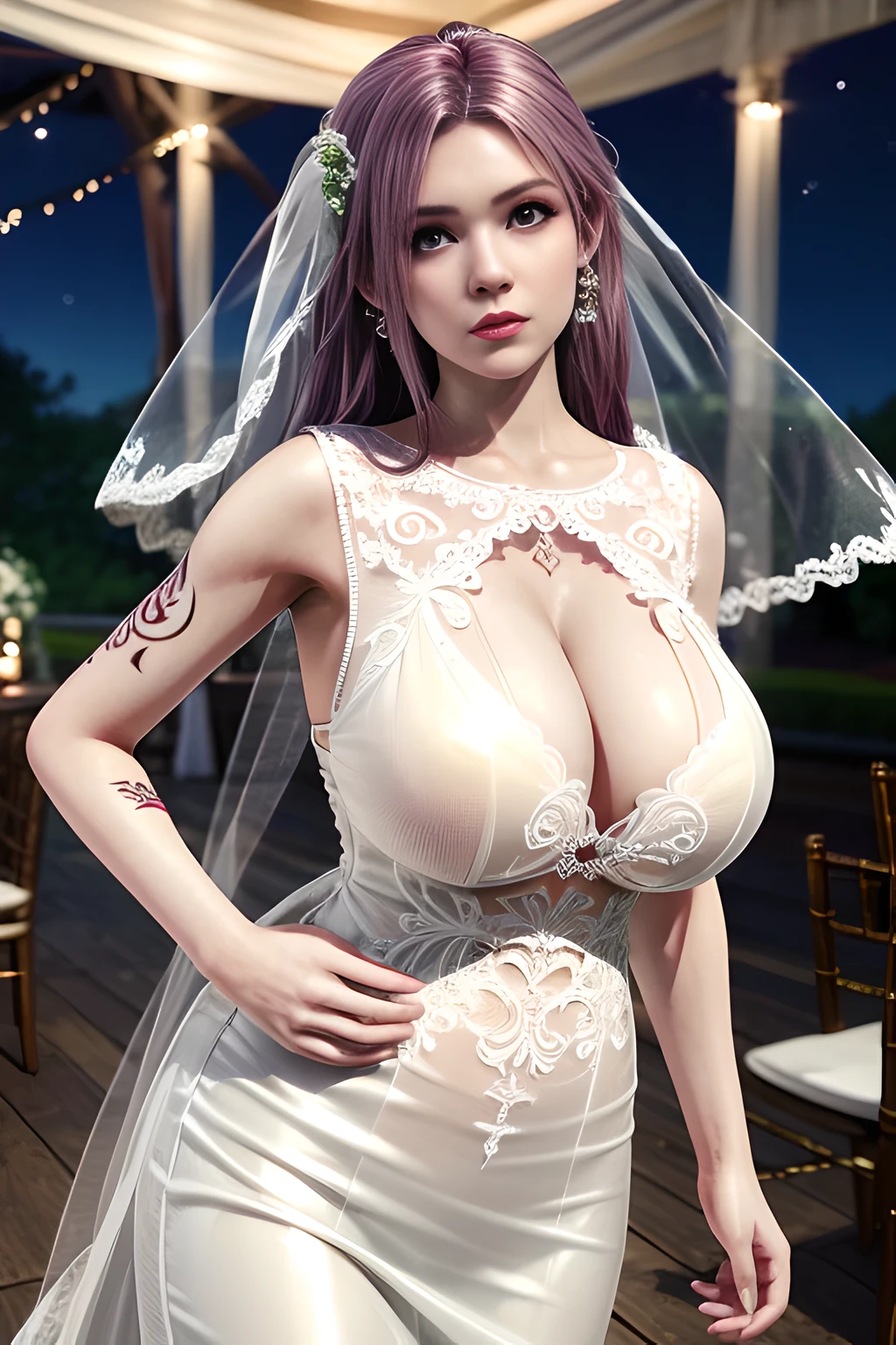 1 girl,lean over WINK,(( Wedding Dress, see-through)), outdoor,elegant,nighttime,moonlighe,shiny skin,( huge breasts:1.1), lip gloss,( tattoos:1.3), masterpiece, best quality, realistic ,Surrealism,natural colors art in 8k,soft shadows,Portrait art,solo, elise,