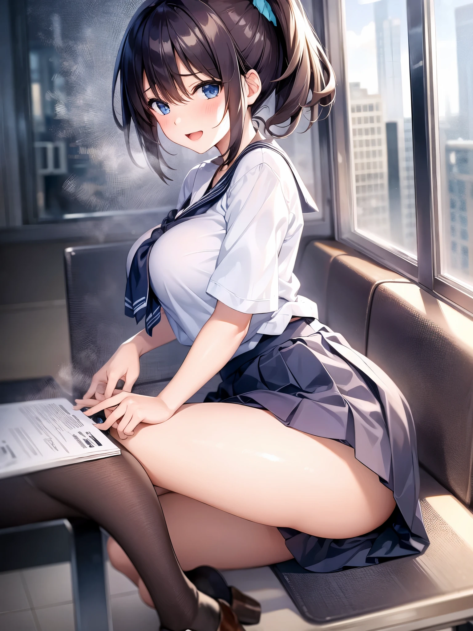1 Girl, alone, nakano ichika, Pink Short Hair, (naked:1.3), (White apron), big breasts, Cleavage, Thighs, Cafe Background, (Blushing:1.2), smile、(masterpiece, best quality), nsfw, 1girl, sitting on school chair, pussy, (skirt lift:1.3),
heavy breathing, steam, smile, open mouth, sweat, frown,
BREAK 5 yo, (:1.5), black hair, (high ponytail, medium ponytail, curly hair), (aqua scrunchie:1.3), aqua eyes, (tareme:1.5), (huge breasts:1.1), hanging breasts,
BREAK ((school uniform, serafuku):1.0), (white shirt, white sleeves, short sleeves:1.2), (navy sailor collar), (aqua neckerchief:1.2), sleeve lines, bare arms,
BREAK (navy skirt), (white socks:1.2), loafers,
BREAK classroom,
headback